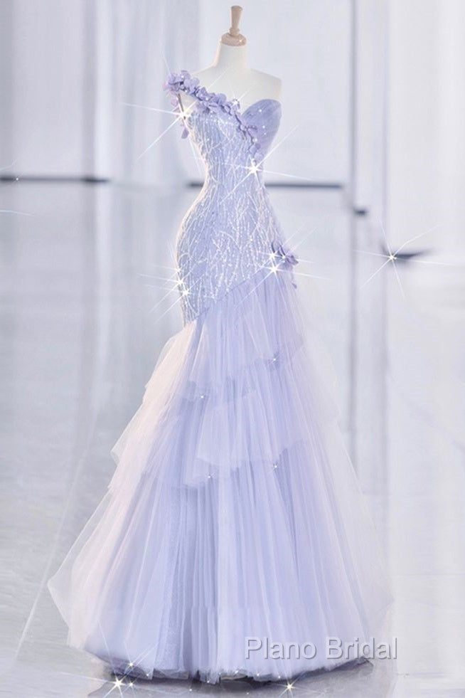 Vintage Mermaid One Shoulder Lilac Tulle Satin Long Formal Prom Dresses Party Dresses