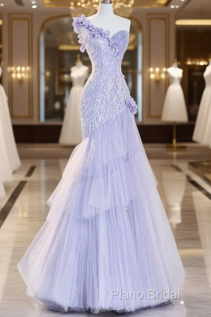 Vintage Mermaid One Shoulder Lilac Tulle Satin Long Formal Prom Dresses Party Dresses Main image