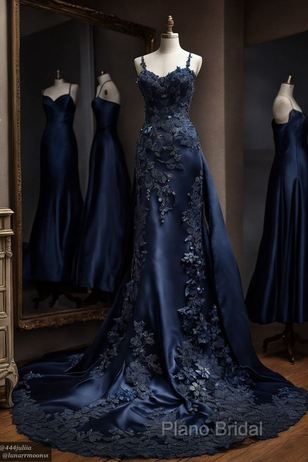 Vintage Mermaid Spaghetti Straps Navy Blue Satin Long Formal Prom Dresses Party Dresses Secondary image