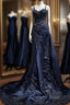 Vintage Mermaid Spaghetti Straps Navy Blue Satin Long Formal Prom Dresses Party Dresses