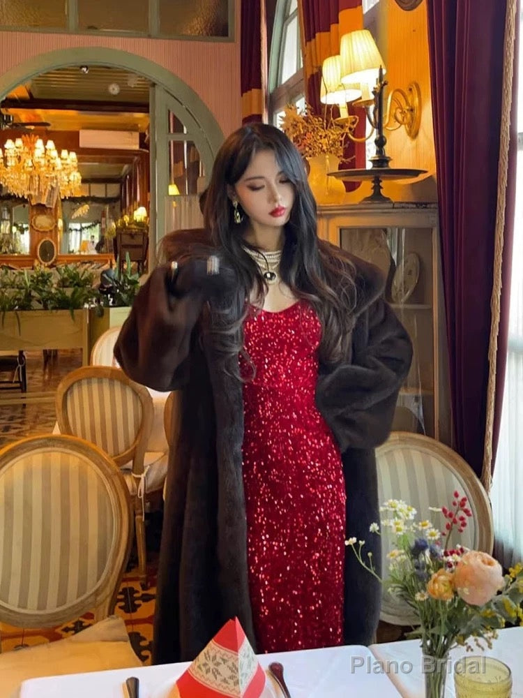 Vintage Mermaid Spaghetti Straps Red Sequin Birthday Dress Prom Dresses Secondary image