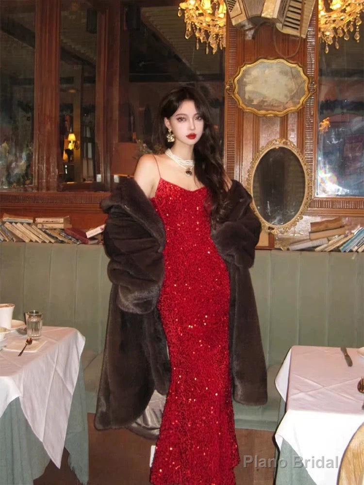 Vintage Mermaid Spaghetti Straps Red Sequin Birthday Dress Prom Dresses Main image