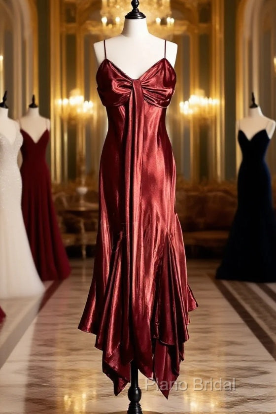 Vintage Mermaid Spaghetti Straps Satin Burgundy Formal Prom Gown Fairy Formal Prom Dresses Main image