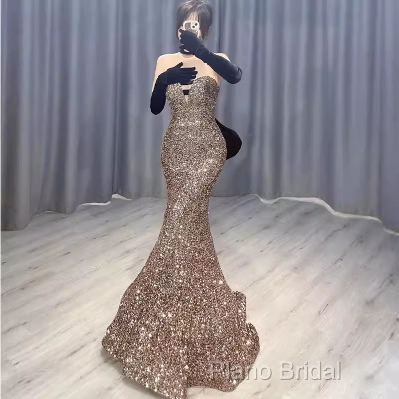 Vintage Mermaid Strapless Party Dresses Long Sequin Formal Prom Dresses Secondary image