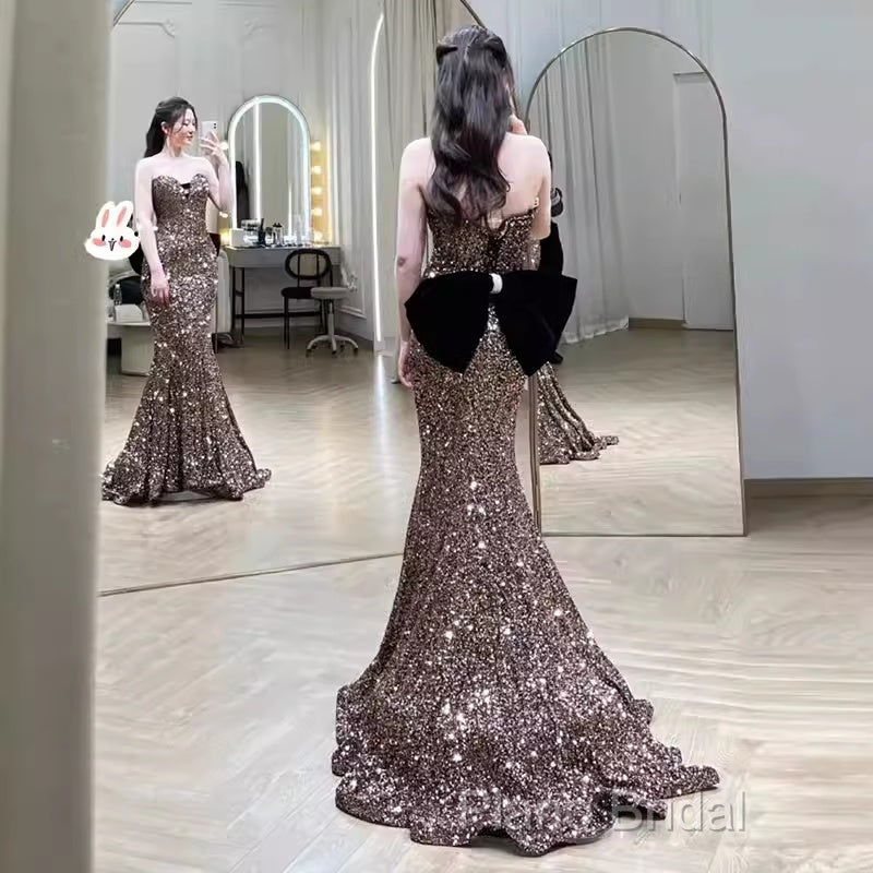 Vintage Mermaid Strapless Party Dresses Long Sequin Formal Prom Dresses