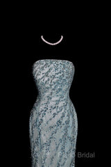 Vintage Mermaid Strapless Tulle Blue Beads Long Formal Prom Gown Fairy Formal Prom Dresses