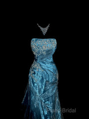 Vintage Mermaid Strapless Tulle Blue Long Formal Prom Gown Fairy Formal Prom Dresses