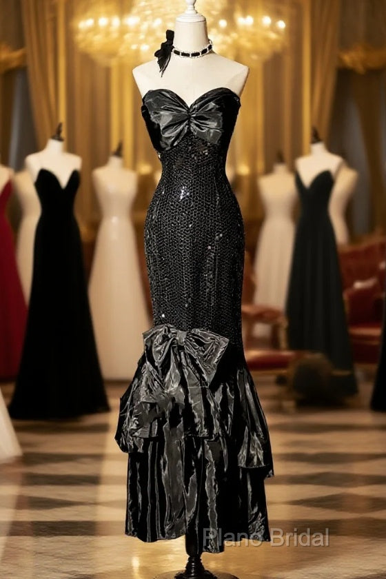 Vintage Mermaid Sweetheart Black Sequin Long Formal Prom Gown Fairy Formal Prom Dresses