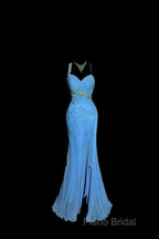 Vintage Mermaid Sweetheart Blue Chiffon Long Formal Prom Gown Fairy Formal Prom Dresses
