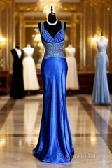 Vintage Mermaid Sweetheart Neckline Royal Blue Satin Backless Formal Prom Gown Fairy Formal Prom Dresses