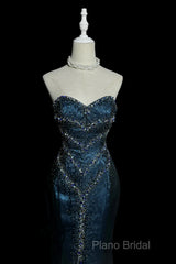 Vintage Mermaid Sweetheart Sleeveless Long Blue Slit Formal Prom Gown Fairy Formal Prom Dresses