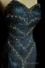 Vintage Mermaid Sweetheart Sleeveless Long Blue Slit Formal Prom Gown Fairy Formal Prom Dresses