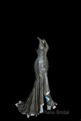 Vintage Mermaid V Neckline Gray Sequin Long Formal Prom Gown Fairy Formal Prom Dresses