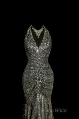 Vintage Mermaid V Neckline Gray Sequin Long Formal Prom Gown Fairy Formal Prom Dresses