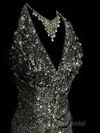 Vintage Mermaid V Neckline Gray Sequin Long Formal Prom Gown Fairy Formal Prom Dresses