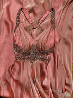 Vintage Mermaid V Neckline Pink Backless Long Formal Prom Gown Fairy Formal Prom Dresses