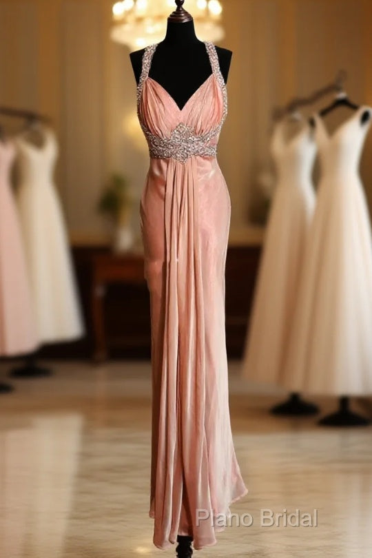 Vintage Mermaid V Neckline Pink Backless Long Formal Prom Gown Fairy Formal Prom Dresses Main image