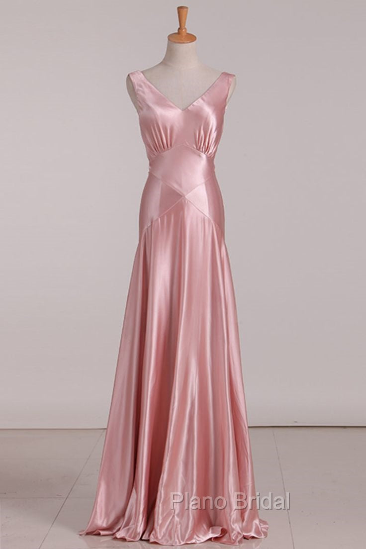 Vintage Mermaid V Neckline Pink Satin Long Formal Prom Dresses Party Evening Dresses