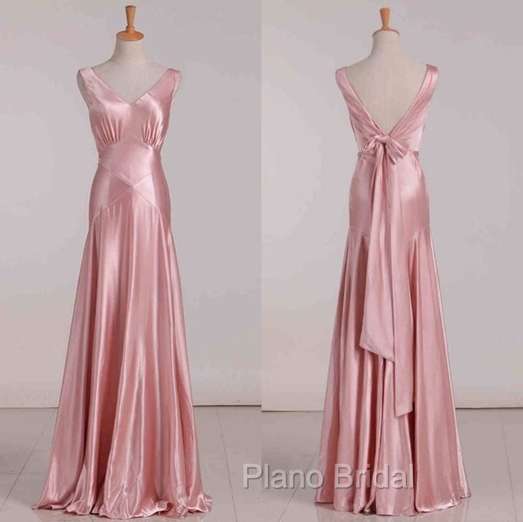 Vintage Mermaid V Neckline Pink Satin Long Formal Prom Dresses Party Evening Dresses