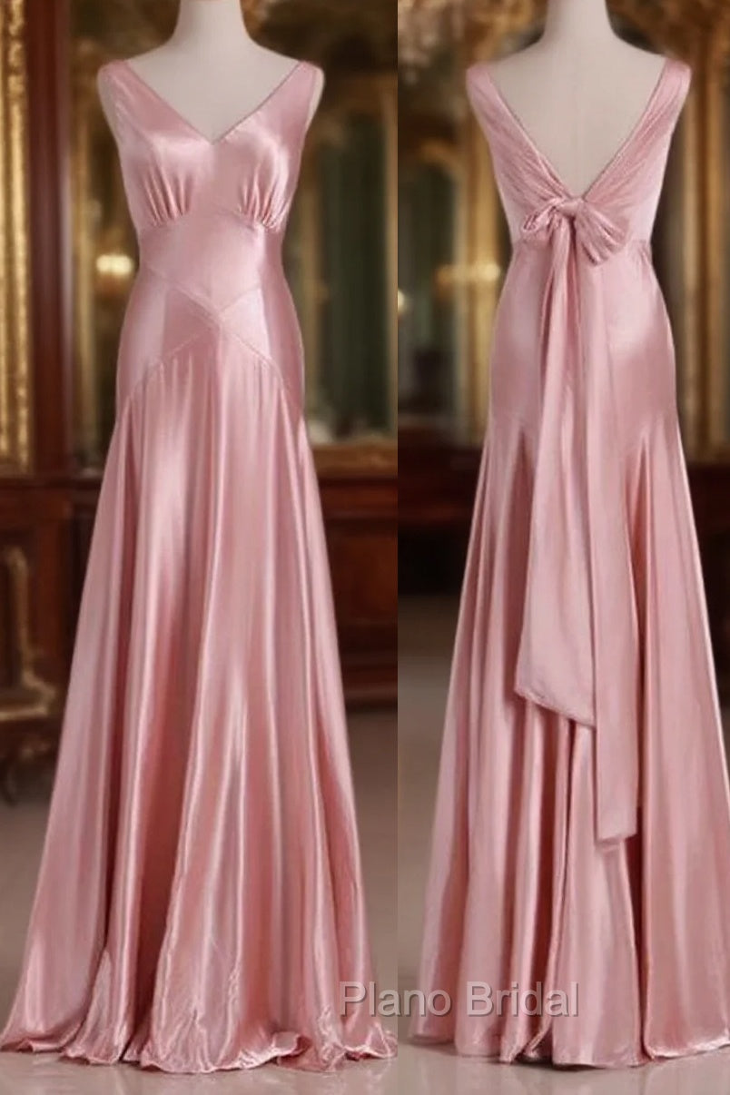 Vintage Mermaid V Neckline Pink Satin Long Formal Prom Dresses Party Evening Dresses