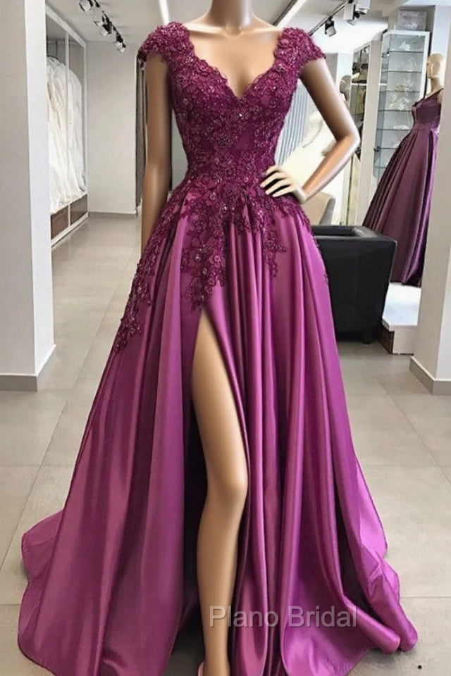 Vintage Formal Prom Dresses 90S, A-line/Princess V Neck Sleeveless Long/Floor-Length Satin Formal Prom Dresses with Appliqued Beading Split Main image