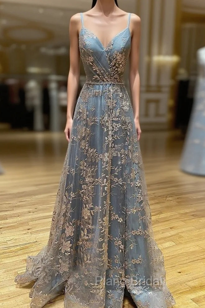 Vintage Formal Prom Dresses 90S, A-line V Neck Sleeveless Sweep Train Tulle Satin Formal Prom Dresses With Appliqued Split Main image