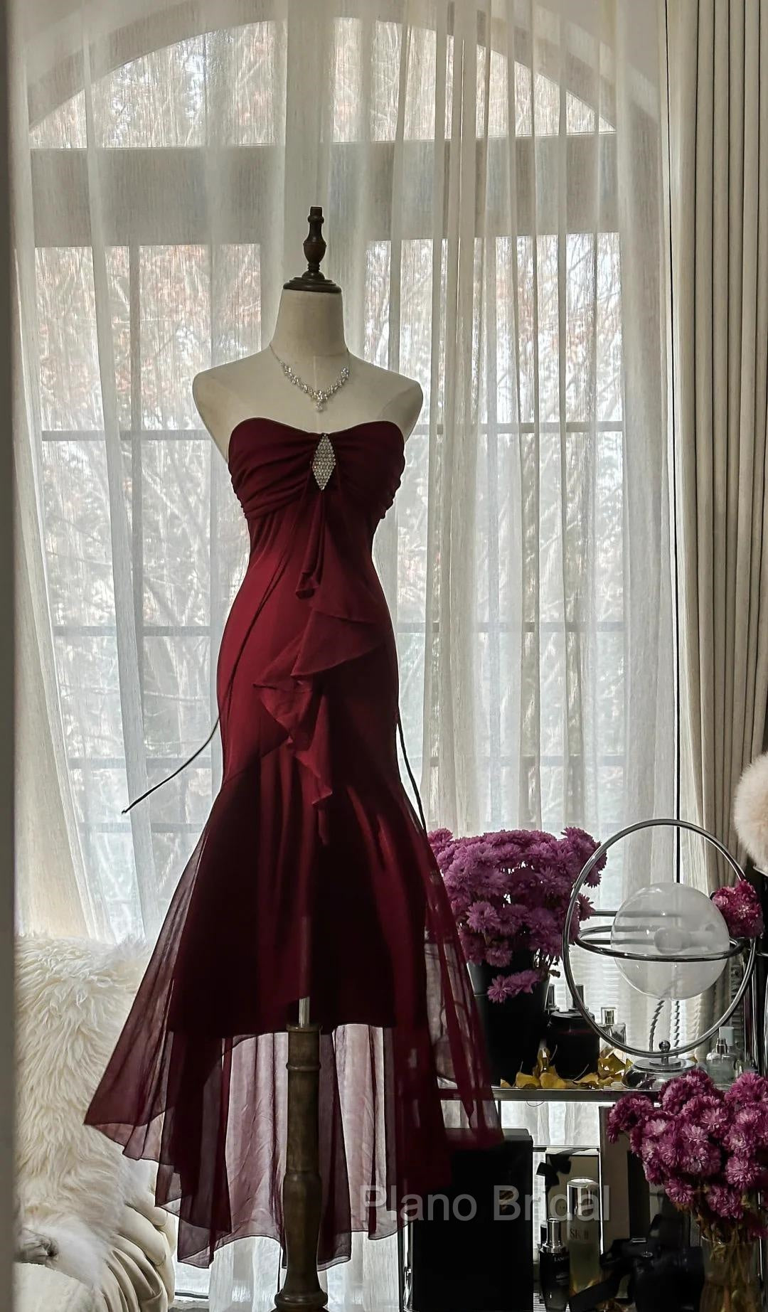 Vintage Red Mermaid Strapless Chiffon Formal Prom Dresses Graduation Formal Prom Dresses