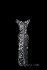 Vintage Sheath Off The Shoulder Silver Gray Sleeveless Long Formal Prom Gown Fairy Formal Prom Dresses