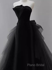 Vintage Sheath Strapless Satin Black Tulle Long Formal Prom Dresses Formal Dresses