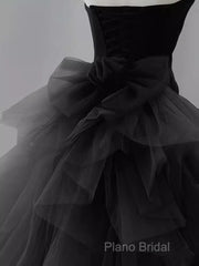 Vintage Sheath Strapless Satin Black Tulle Long Formal Prom Dresses Formal Dresses