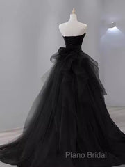 Vintage Sheath Strapless Satin Black Tulle Long Formal Prom Dresses Formal Dresses