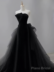 Vintage Sheath Strapless Satin Black Tulle Long Prom Dress Formal Dresses