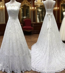 Vintage Simple Long A-Line Country Elegant Bridal Lace Up Back Bow Sash Full Lace Wedding Dresses,