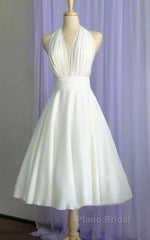 Vintage Tea-Length Chiffon Wedding Dresses With Halter Neck And Bow