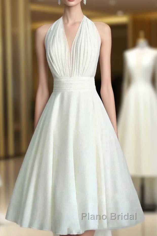 Vintage Tea-Length Chiffon Wedding Dresses With Halter Neck And Bow Main image