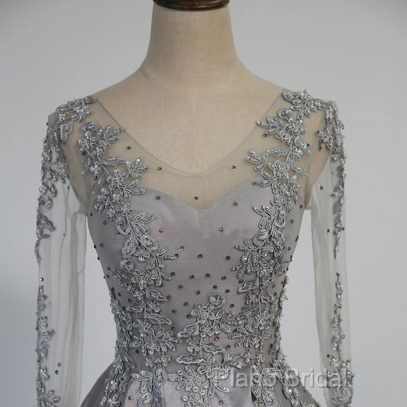 Vintage V-Neck Long Sleeves Appliques Beading Long Formal Dresses