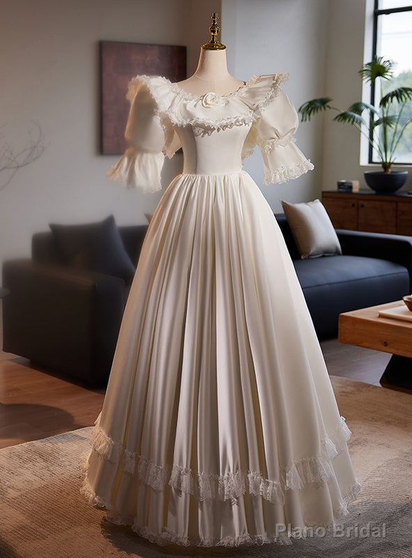 Vintage White Satin Lace Puff Sleeve Wedding Dress Main image