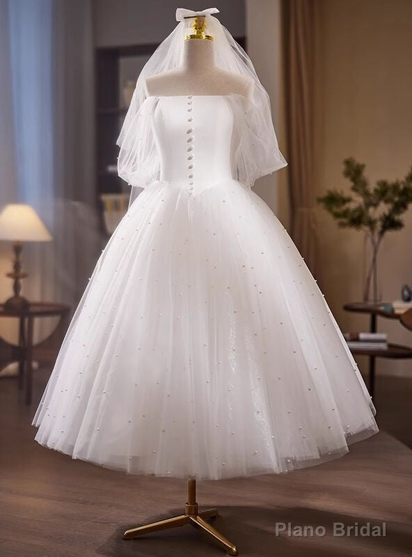 Vintage White Tulle Off the Shoulder Pearls Wedding Dress Main image