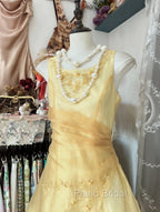 Vintage Yellow A-Line Boat Neck Tulle Long Formal Prom Dresses Simple Embroidery Applique Evening Dresses