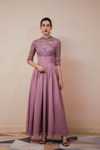 Lace Chiffon Long Zipper Back Mother of the Bride Dresses With Sleeves