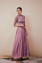 Lace Chiffon Long Zipper Back Mother of the Bride Dresses With Sleeves