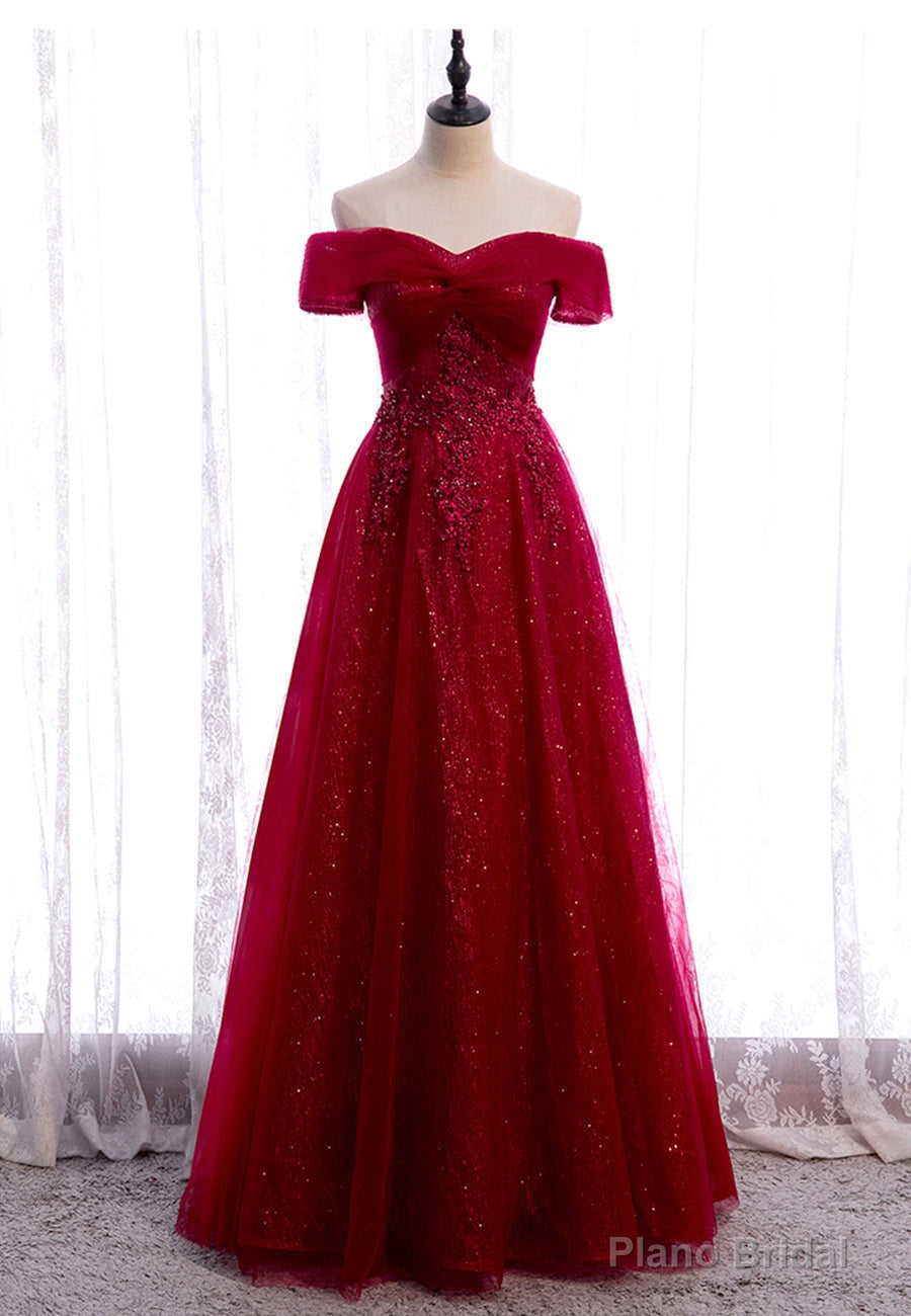 Burgundy Lace Long Prom Dresses, A-Line Off the Shoulder Evening Dresses Main image