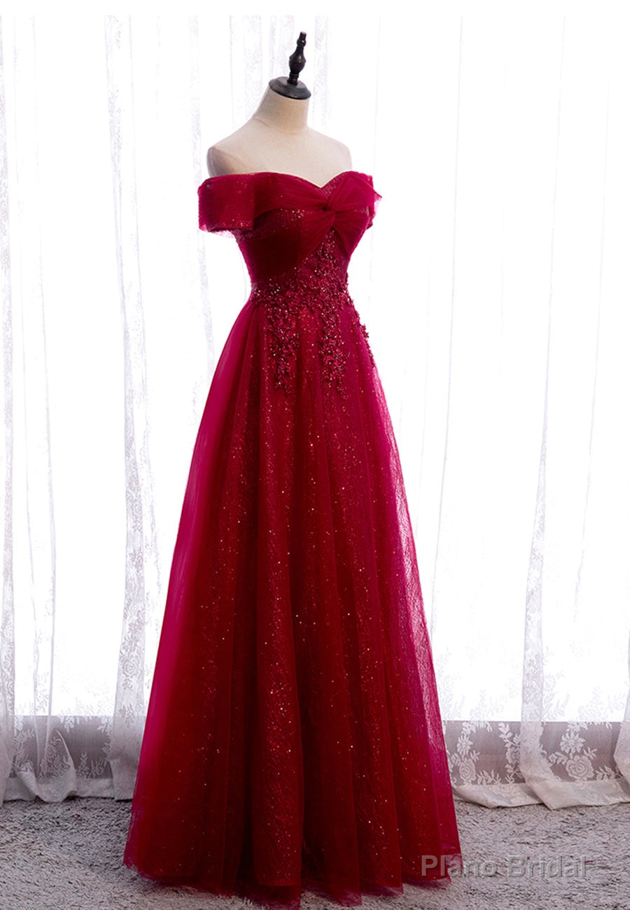 Burgundy Lace Long Prom Dresses, A-Line Off the Shoulder Evening Dresses Secondary image
