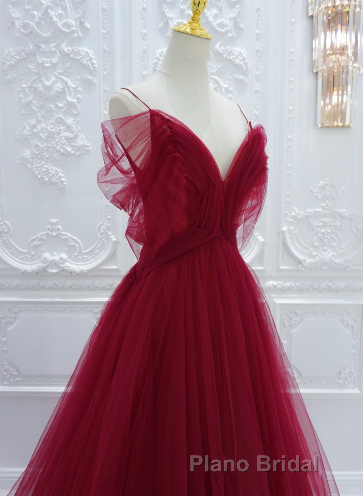 Wine Red Tulle V-Neckline Off Shoulder With Bow, Wine Red Tulle Long Formal Prom Dresses