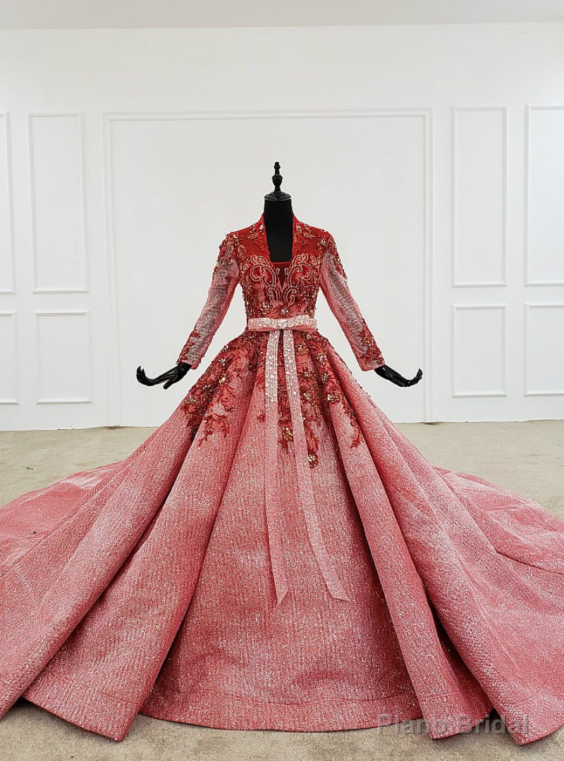 Watermelon Red Ball Gown Sequins V-neck Long Sleeve Beading Wedding Dress Main image