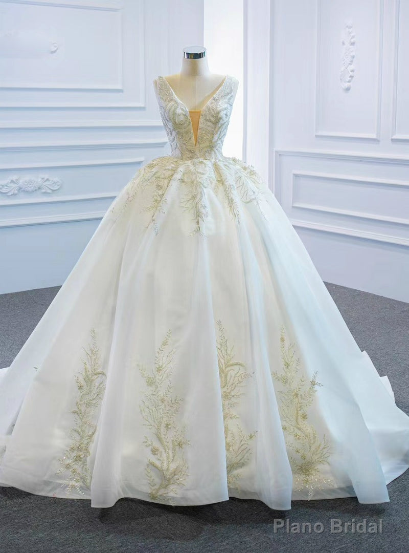 We Provide White Ball Gown Tulle V-neck Beading Sequins Wedding Dress Main image