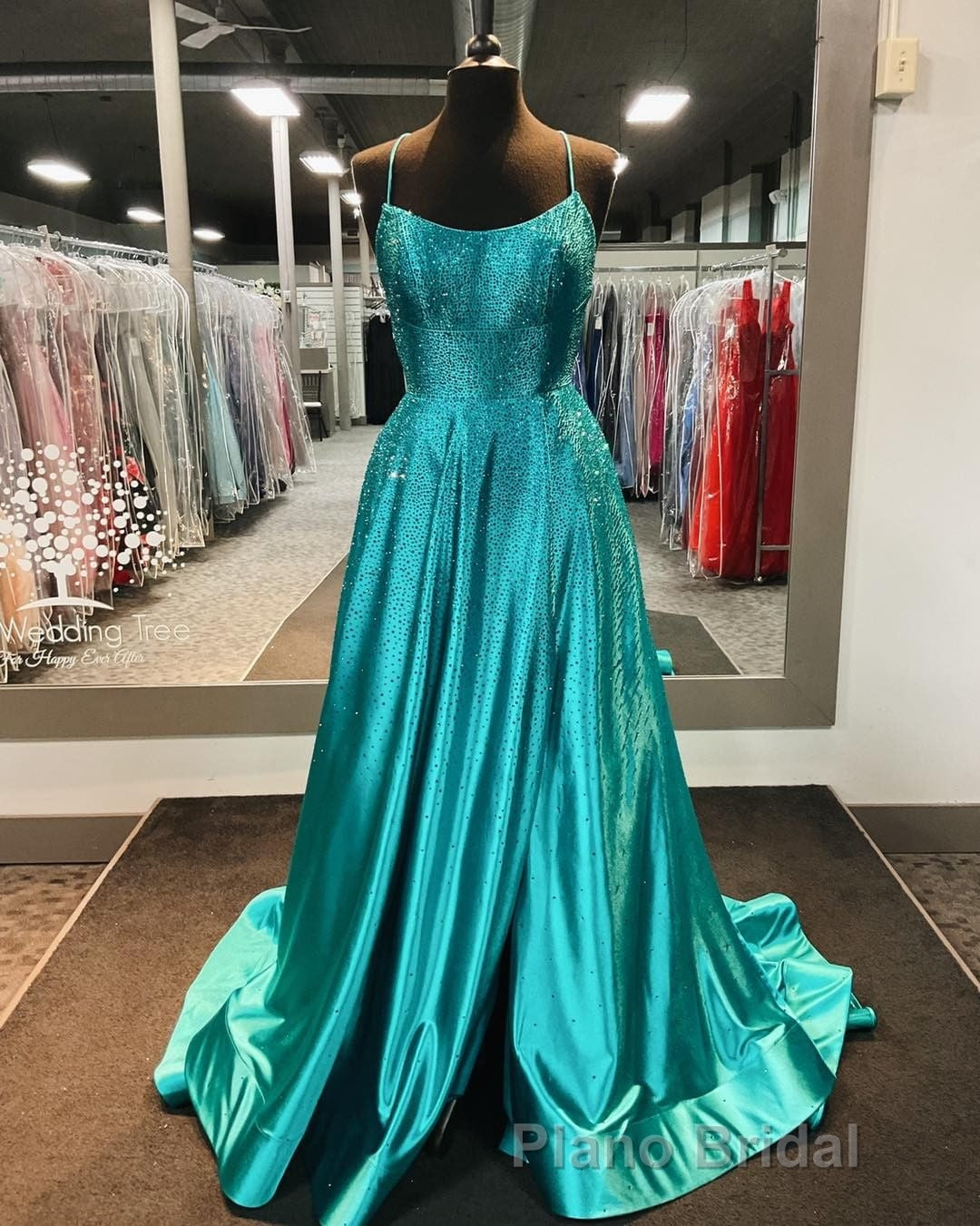 Spaghetti Straps Beaded Teal Blue A-line Long Prom Dresses