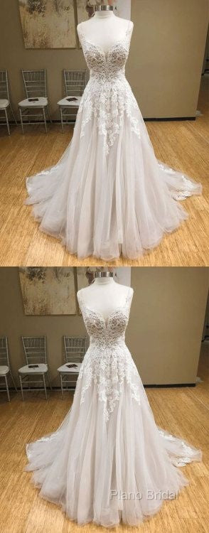 Wh V Neck Tulle Long Formal Prom Dresses, Lace Formal Dresses, White Lace Wedding Dresses Secondary image