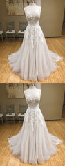 Wh V Neck Tulle Long Formal Prom Dresses, Lace Formal Dresses, White Lace Wedding Dresses