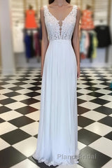 White A-line chiffon lace long Formal Prom dress, white bridesmaid dress